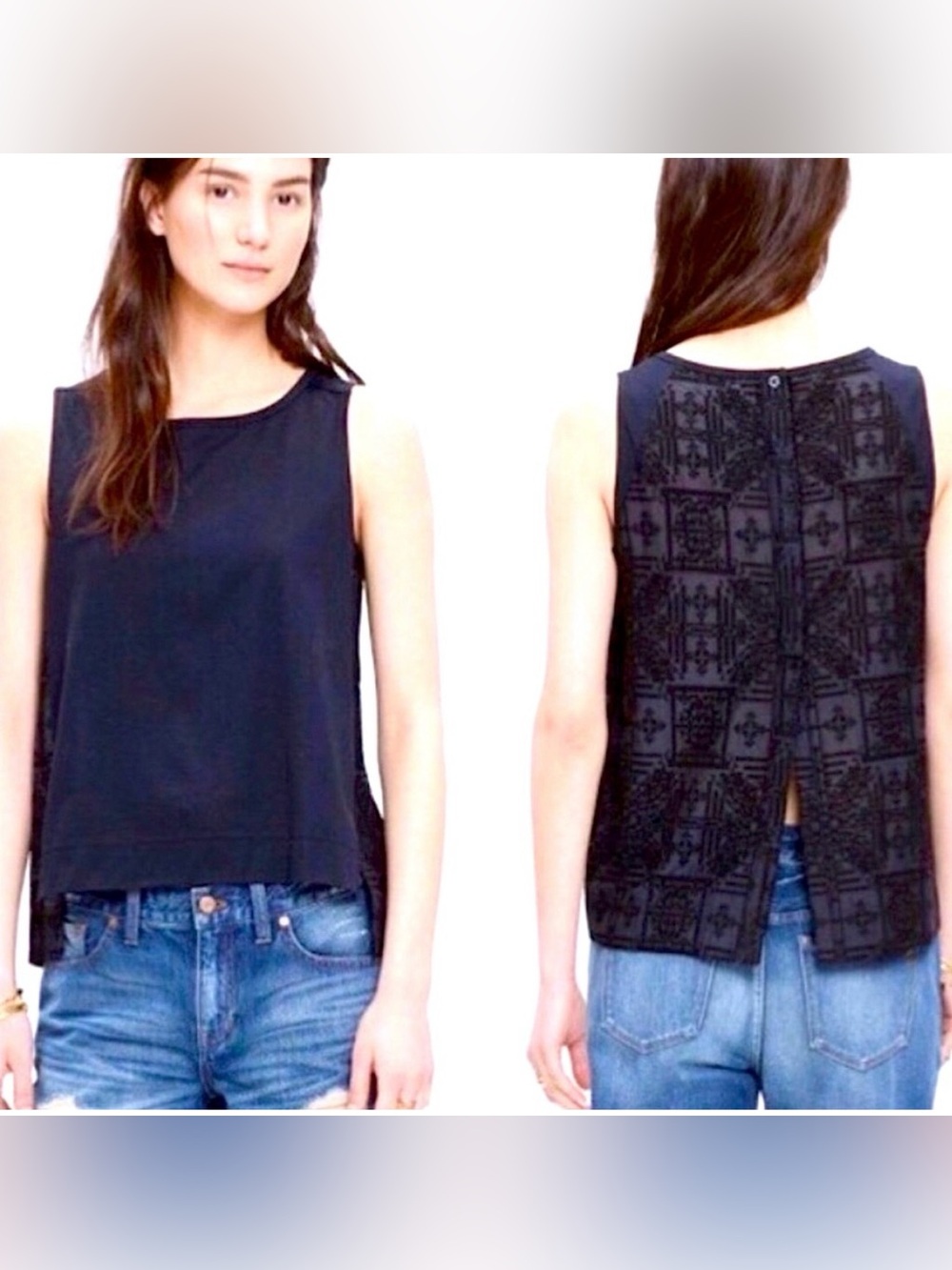Madewell Black embroidered Back Panel Sleeveless Top in cotton and silk